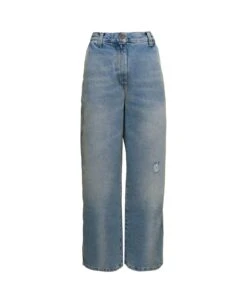 Palm Angels Blue 'paris' Ripped Jeans With Wide Leg In Cotton Denim Woman