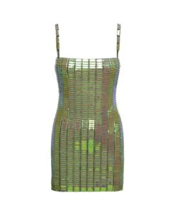 'rue' Mini Green Dress With Mirror Sequins In Stretch Rayon Woman