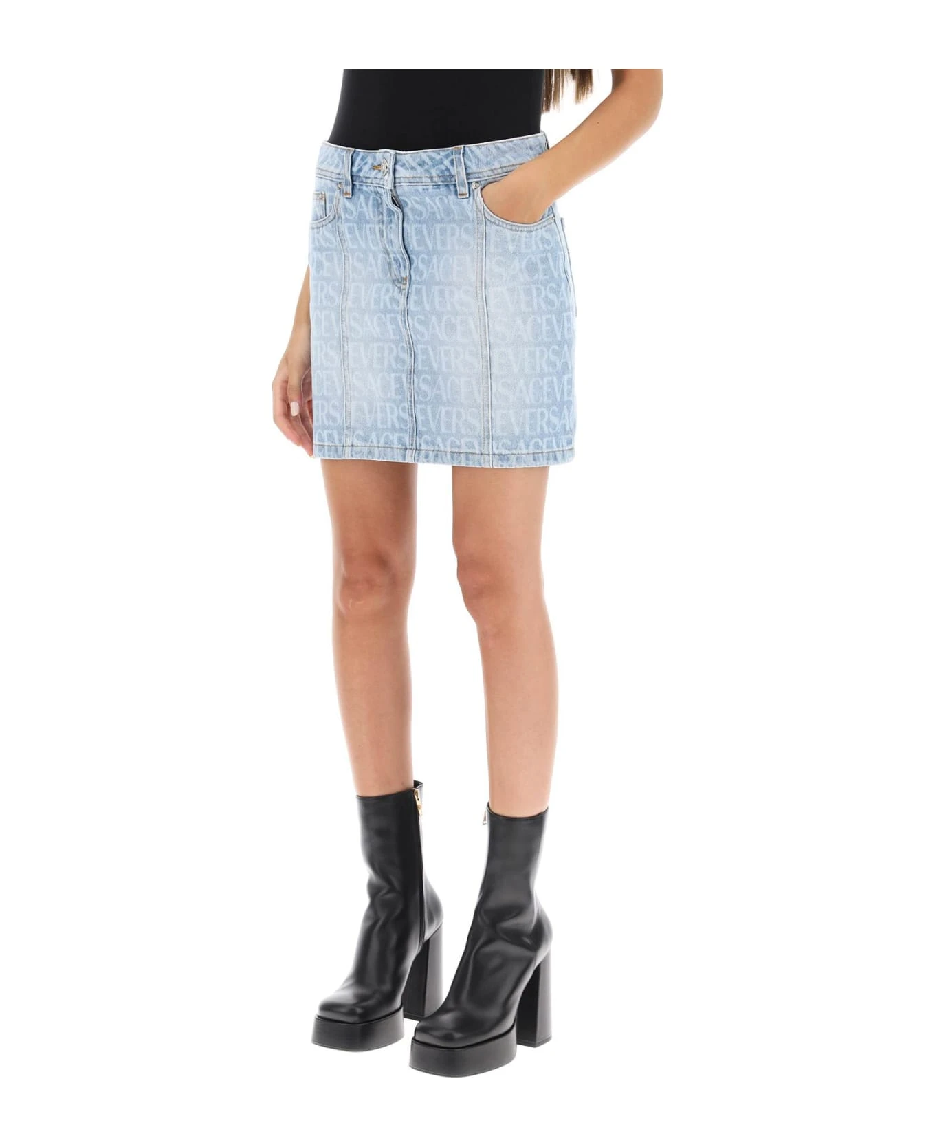Versace Monogram Denim Mini Skirt - Image 4