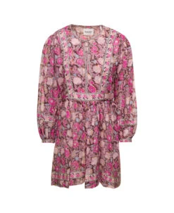 Floral Print Pink Mini Dress With Long Sleeves In Cotton Woman