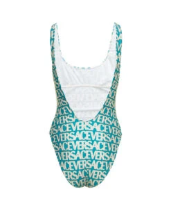 Versace Blue One-piece Swimsuit With All-over Logo Lettering Print In Stretch Tech Fabric Woman