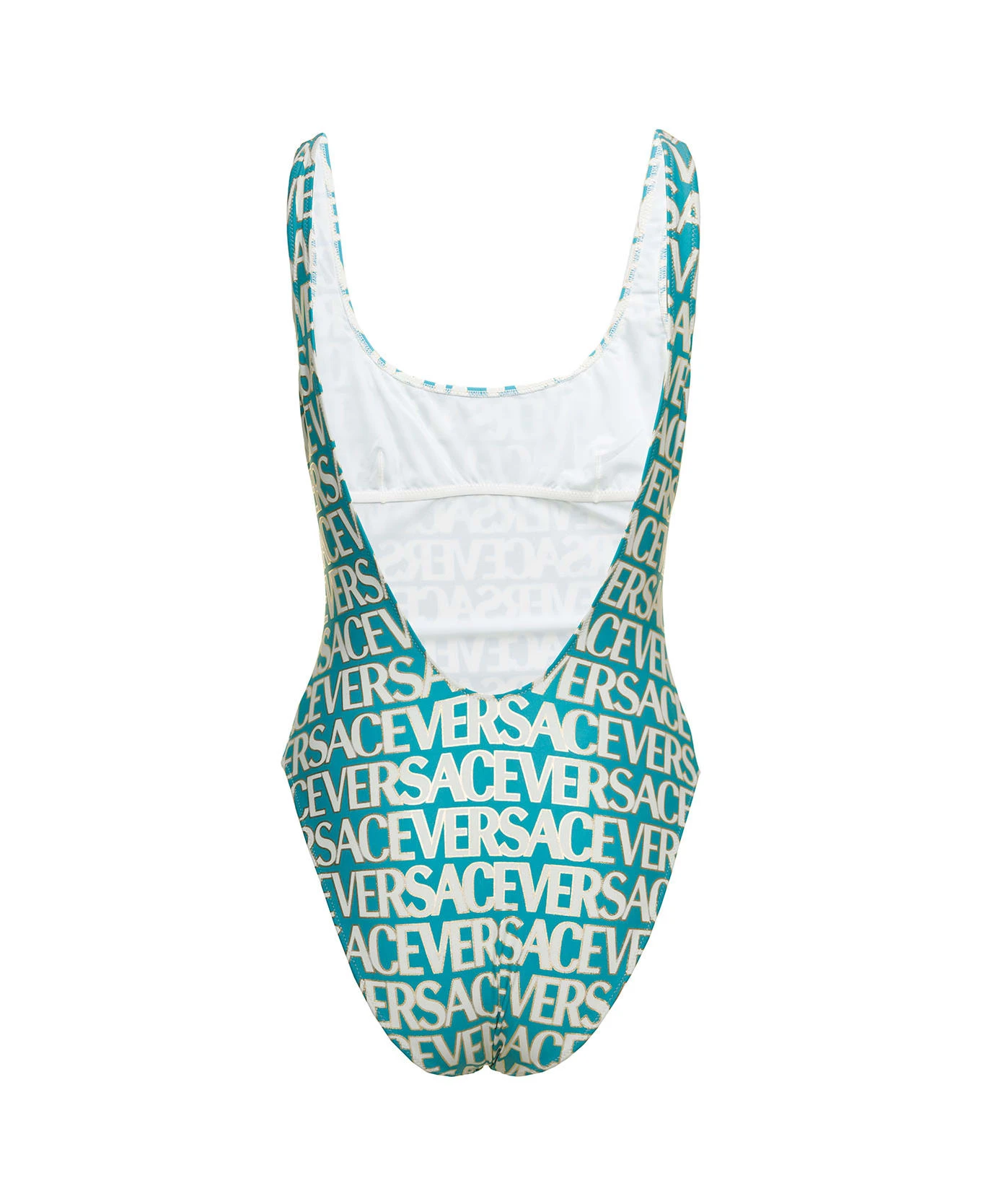 Versace Blue One-piece Swimsuit With All-over Logo Lettering Print In Stretch Tech Fabric Woman