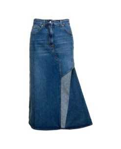 Alexander McQueen Midi Light Blue Skirt With Wide Front Split In Cotton Denim Woman