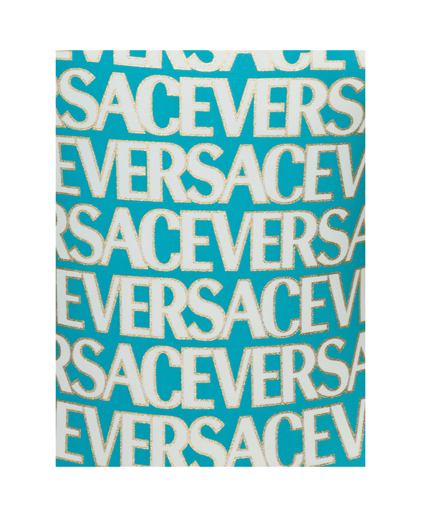 Versace Blue One-piece Swimsuit With All-over Logo Lettering Print In Stretch Tech Fabric Woman - Image 2