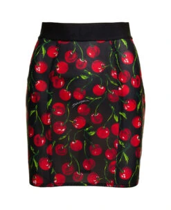 Dolce & Gabbana Black Mini-skirt With All-over Cherry Print In Stretch Polyamide Woman