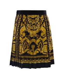 Versace Black And Golden Pleated Skirt With Baroque Print All-over In Silk Woman