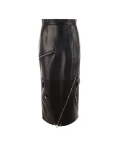 Alexander McQueen Long Black Skirt With Zip Embellishment In Smooth Leather Woman